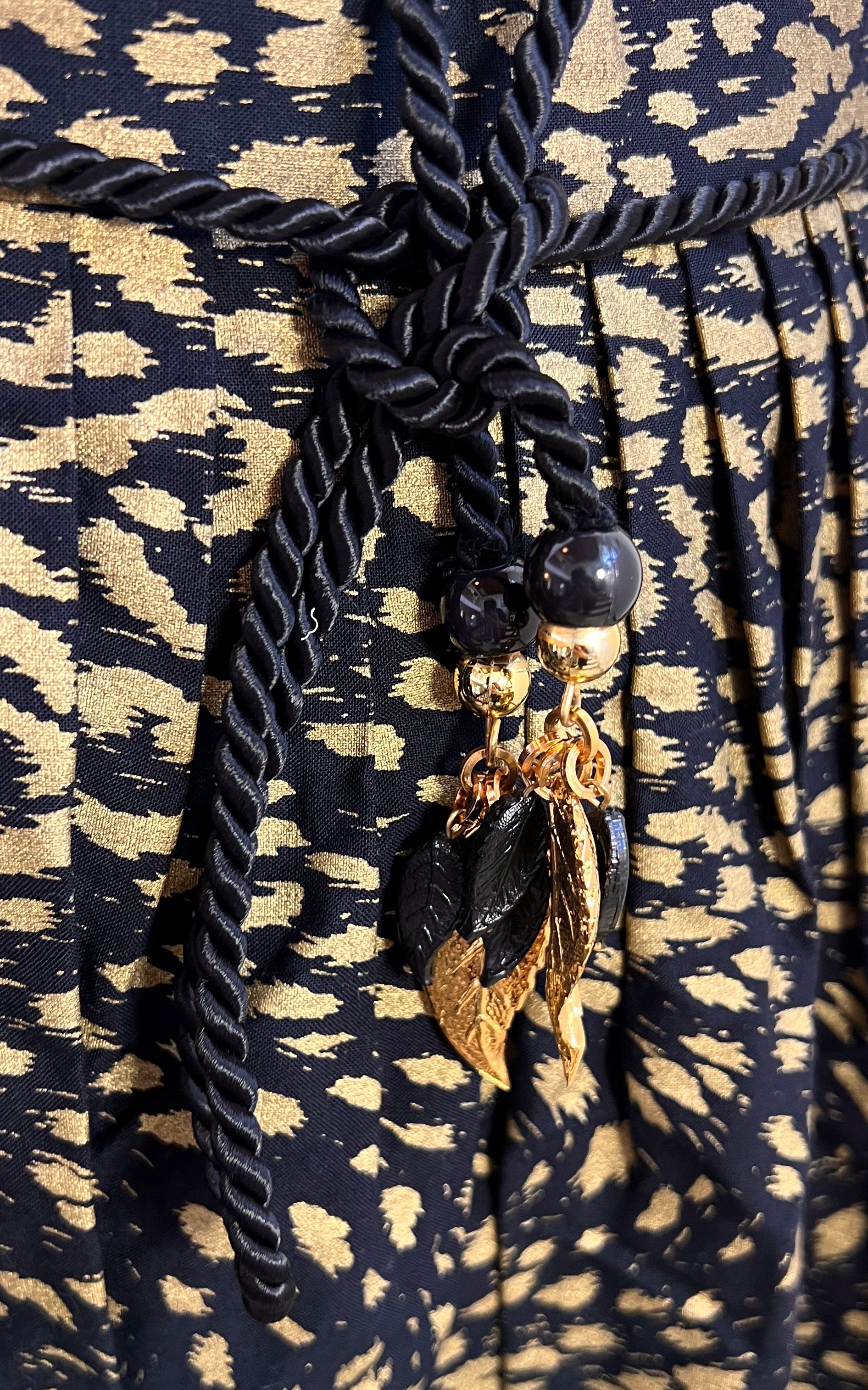 Vintage Black Gold Midi Skirt with Rope Belt