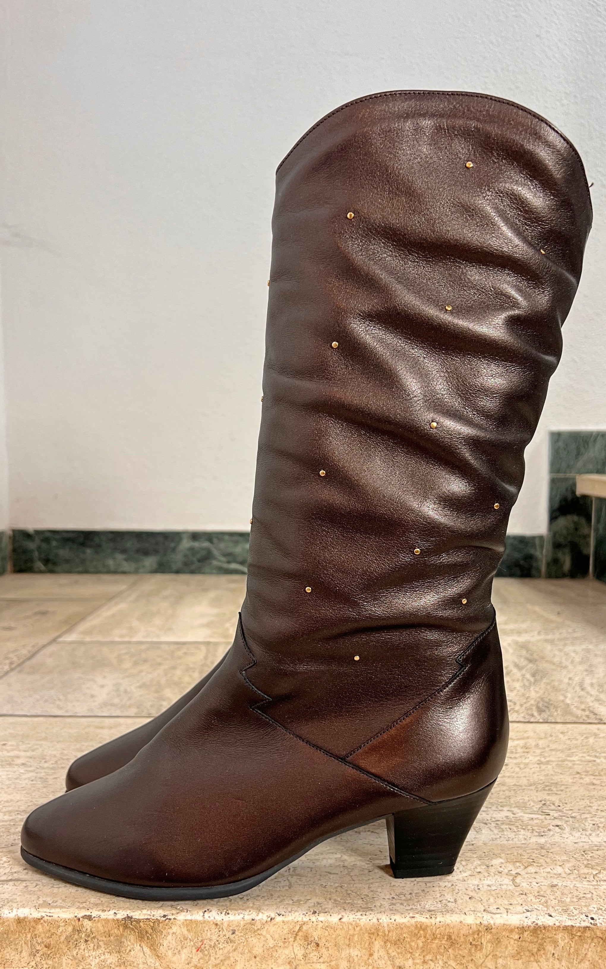 Vintage Brown Knee-High Boots with Gold Stud Details 39