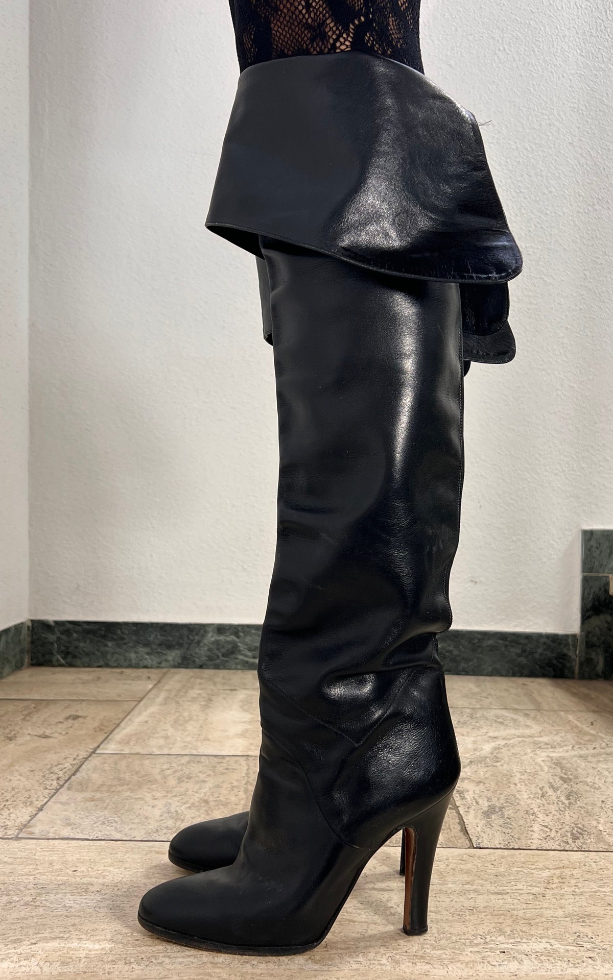 1970s Italian Black Leather Pirate Boots 40