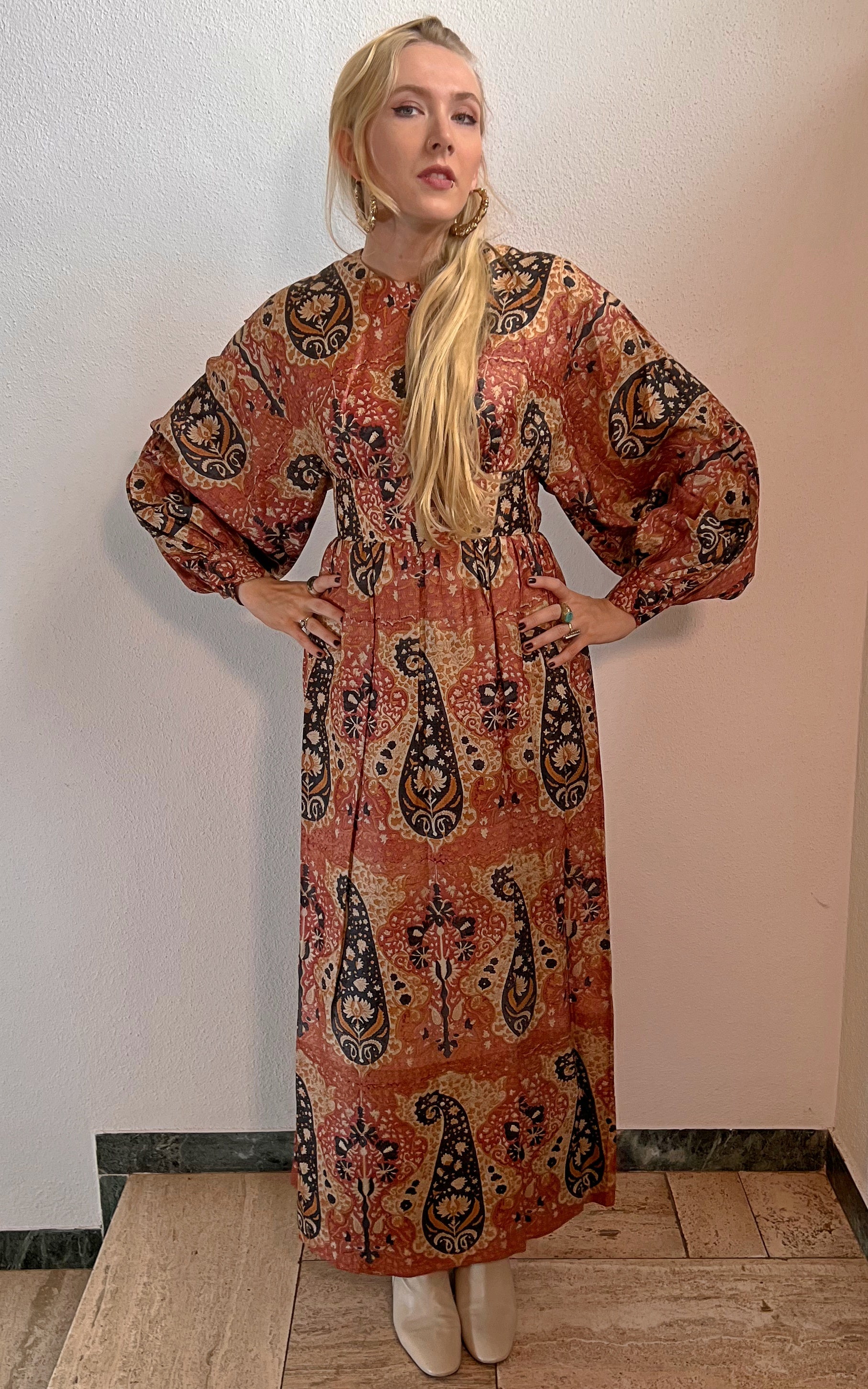 Vintage 70s Silk Blockprint Dress