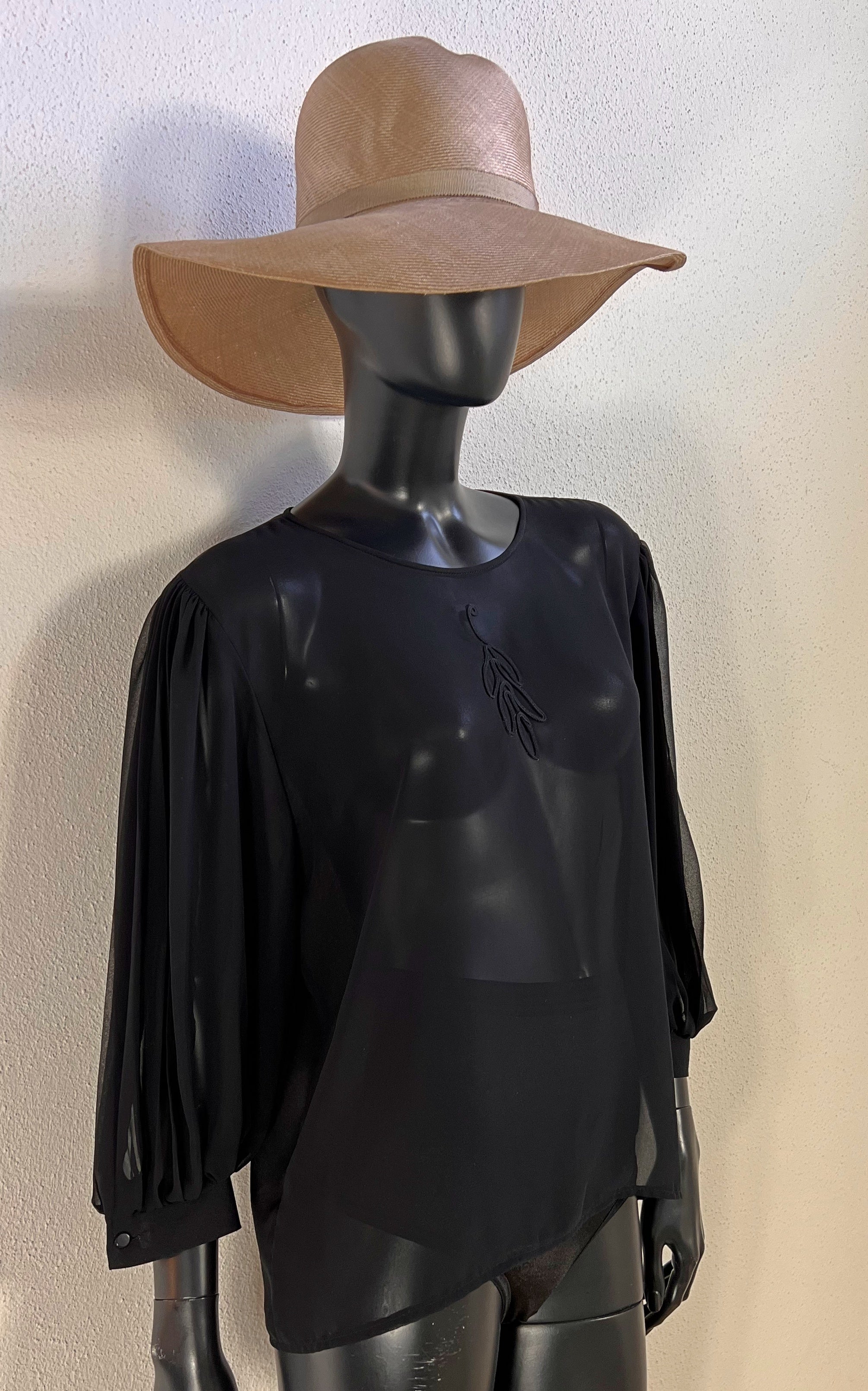 Vintage Black Sheer Blouse with Pleated Balloon Sleeves