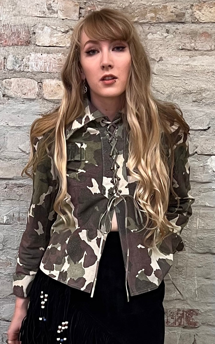 Camicia vintage in pelle scamosciata mimetica