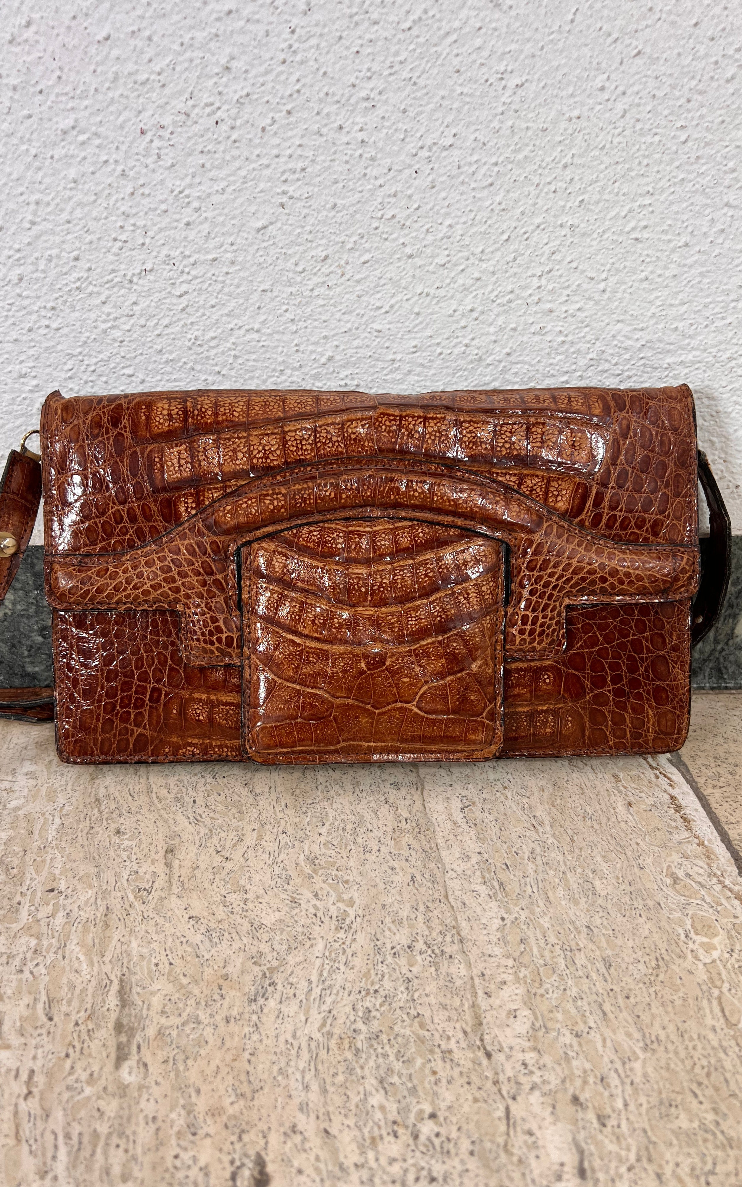 Vintage 1970s Brown Crocodile Leather Shoulder Bag