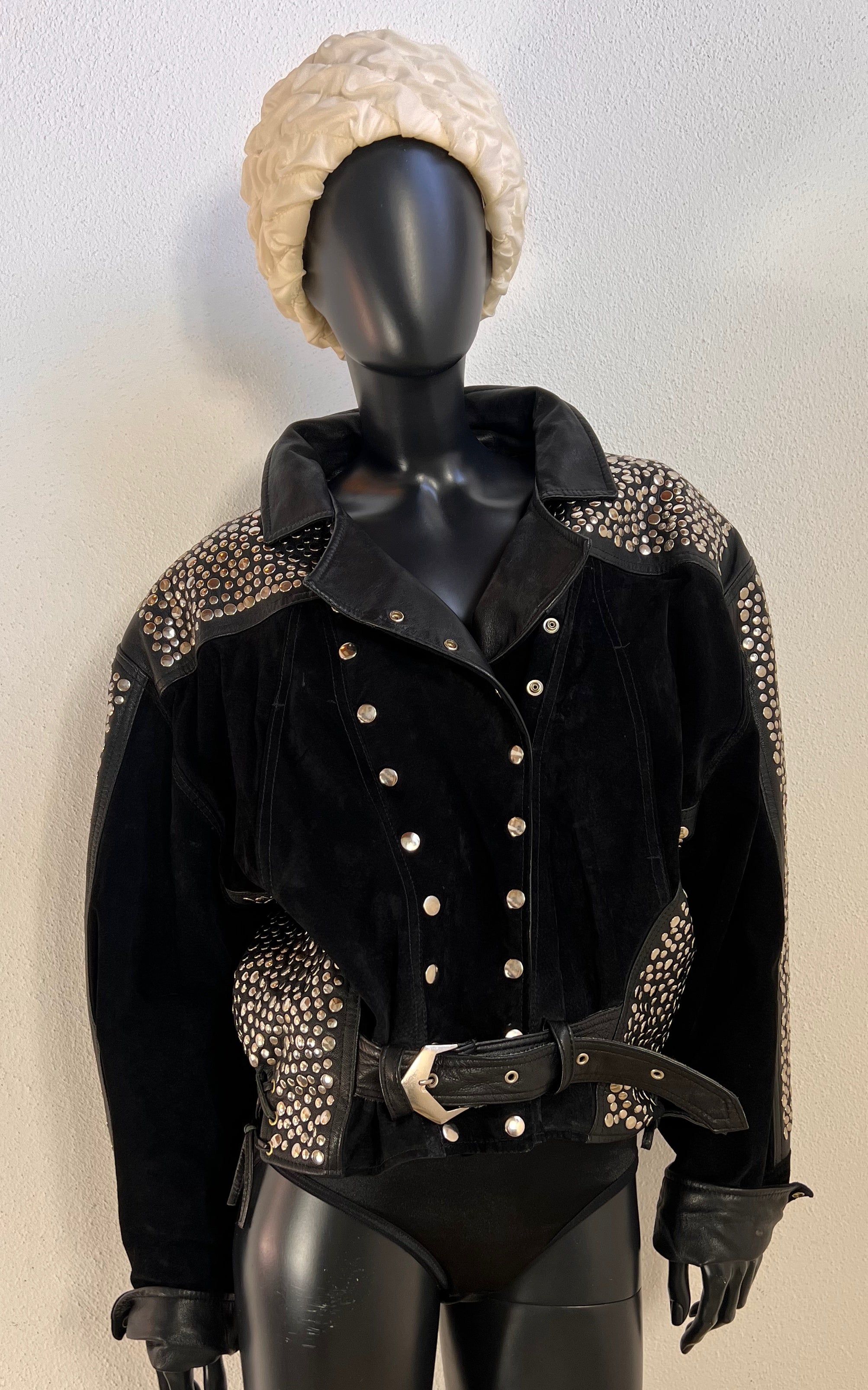 Vintage 1980s YAP Studded Black Suede & Leather Biker Jacket