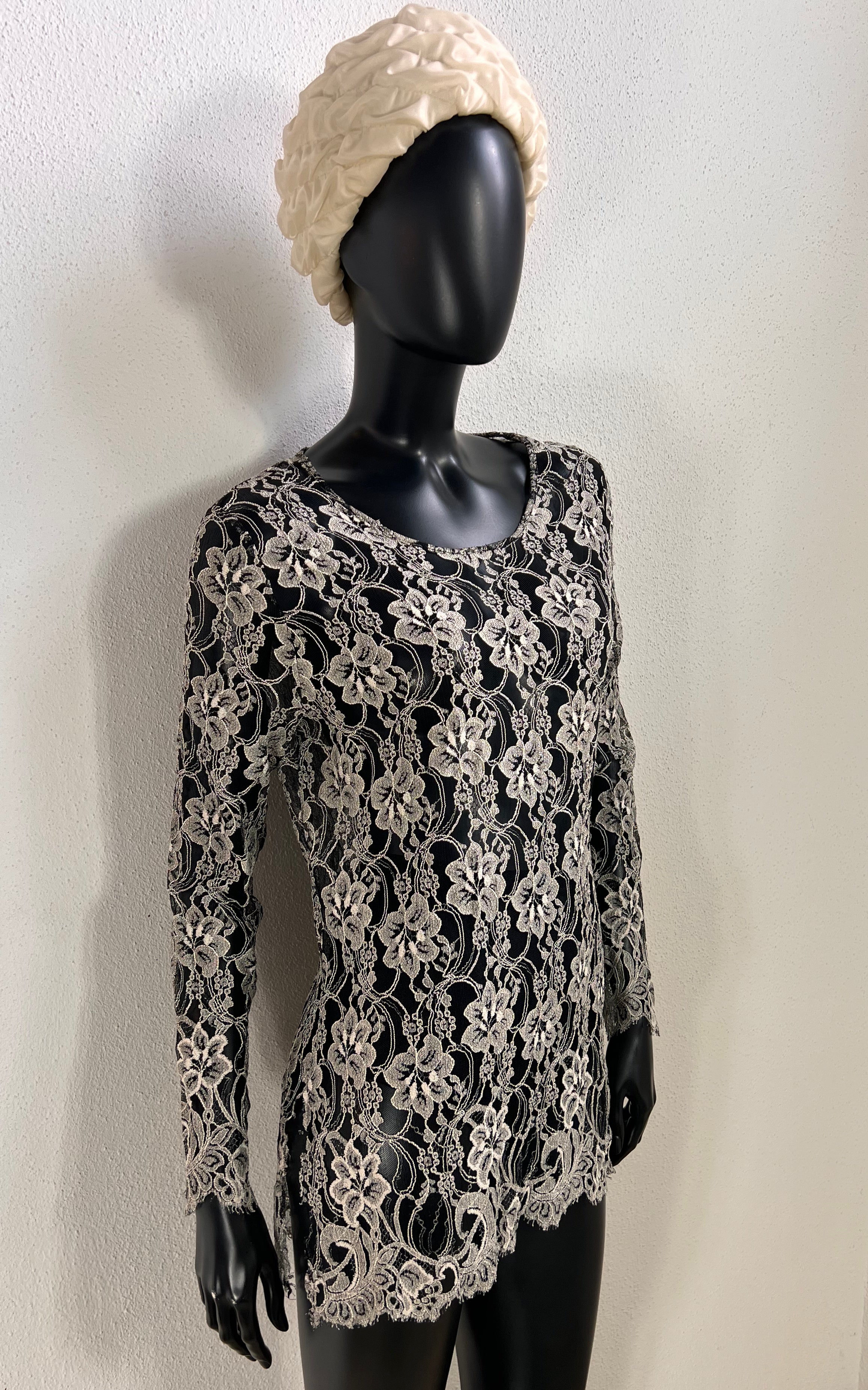 Black and Silver Viscose Lace Mini Dress - Tunic
