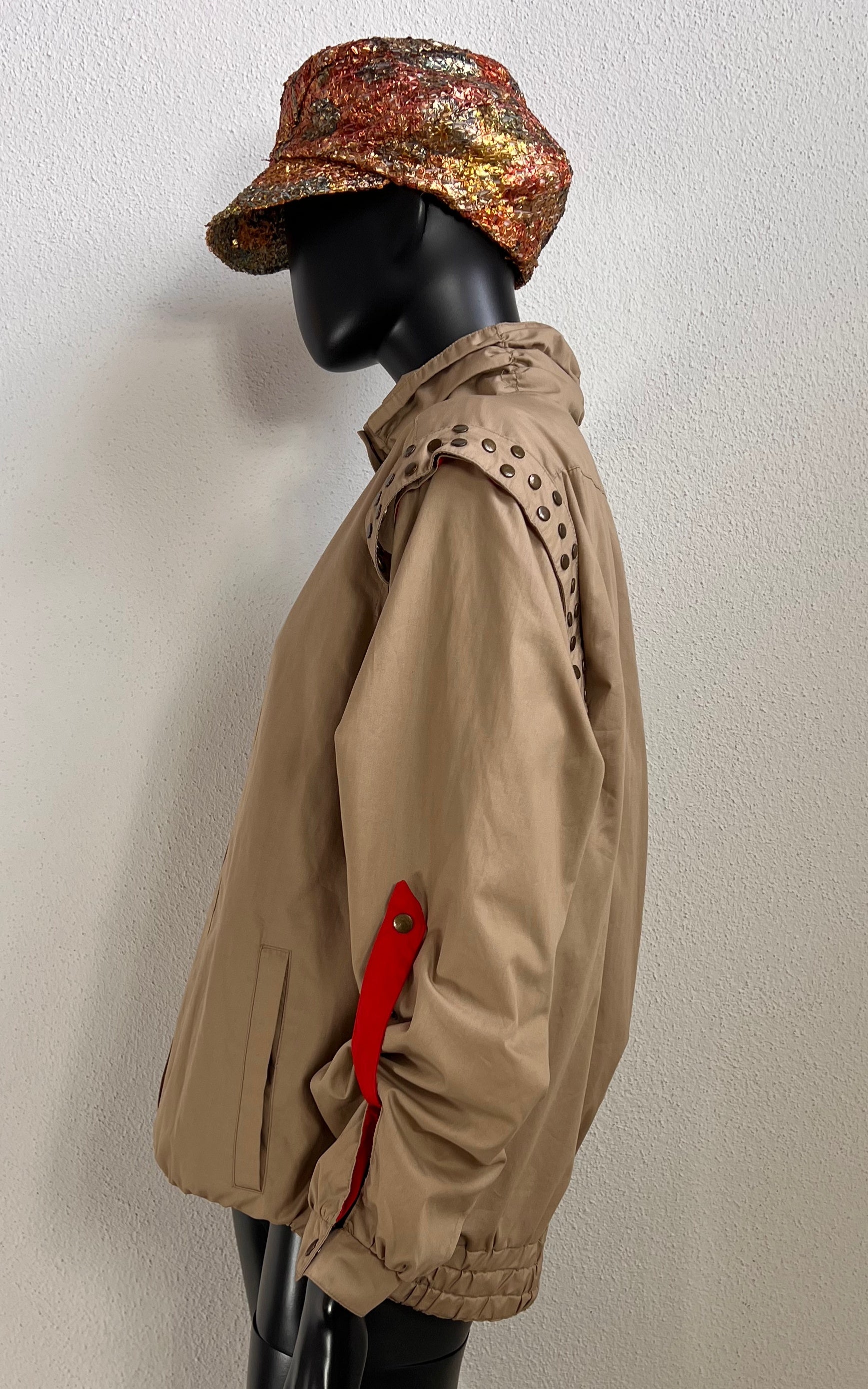 Vintage Beige Studded Jacket with Red Accents