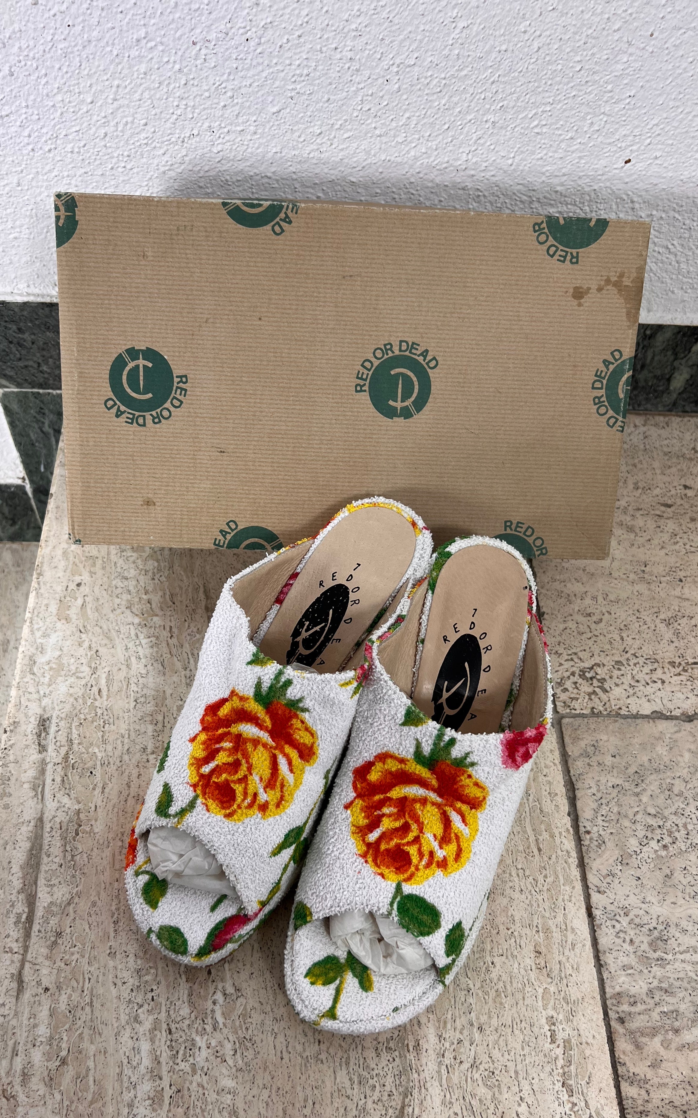 Vintage 90s Red or Dead Floral Mules 40